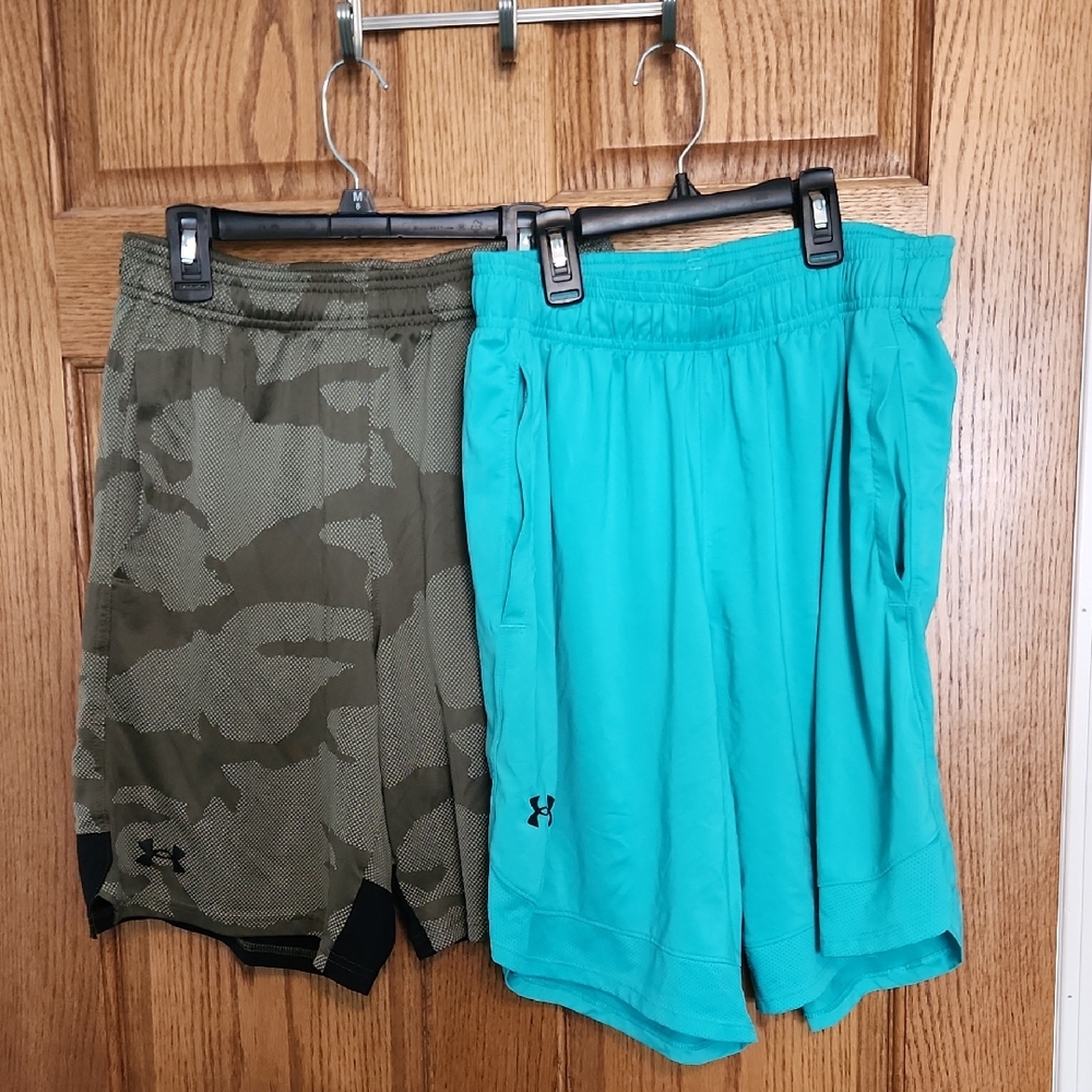 Lot Of 2 Under Armour Olive Camo and Aqua Shorts Duo Both Size Medium Adult.